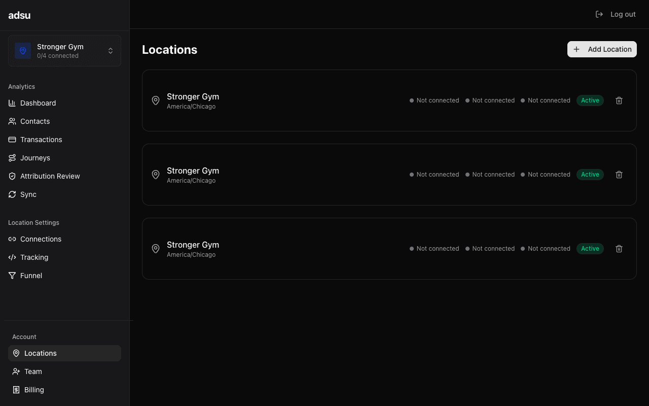 Settings Locations page showing a list of gym locations with connection status badges for each integration