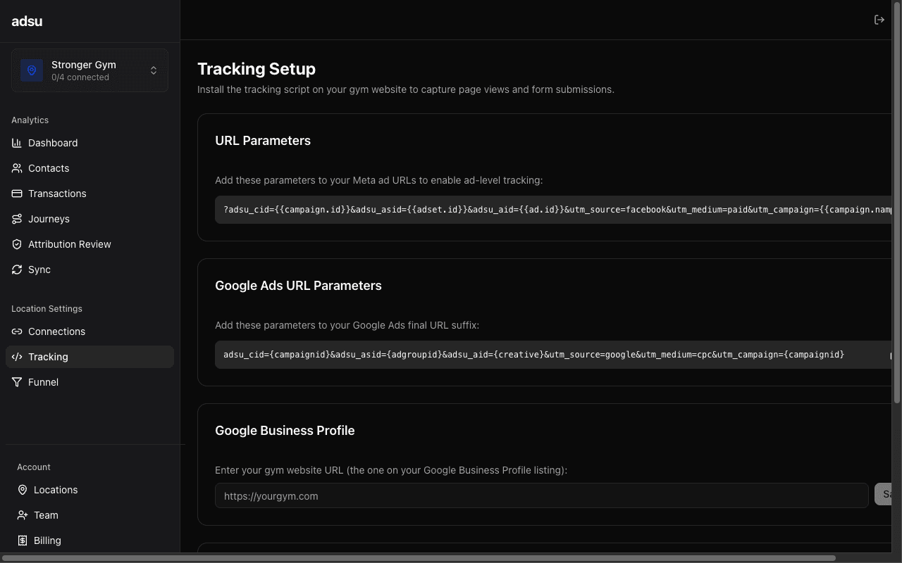 Settings Tracking page showing the pre-generated script snippet with location ID and a Copy button